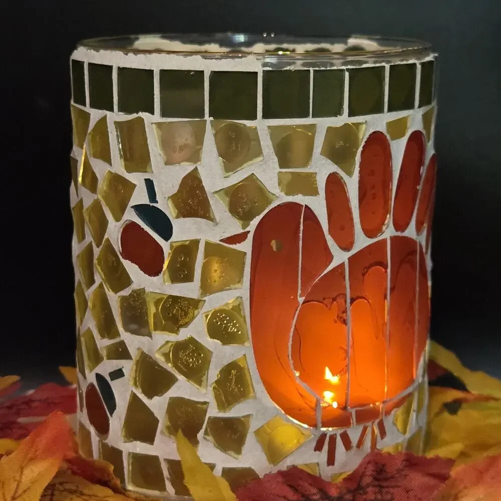 Mosaic Glass Turkey Tealight Candle Holder Orange Red Thanksgiving Centerpiece